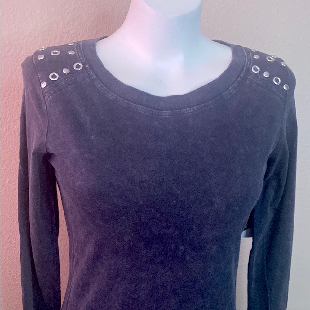 Rebecca bonbon distressed Black Long Sleeve Top with Studded Shoulders S NWT